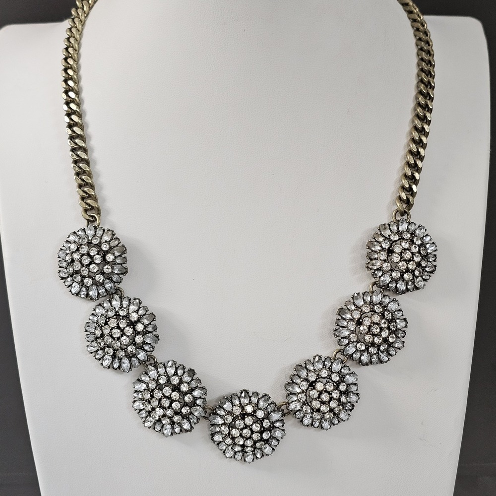 BaubleBar Crystal Statement Necklace Antique Gold Tone Chunky Chain Floral Bib